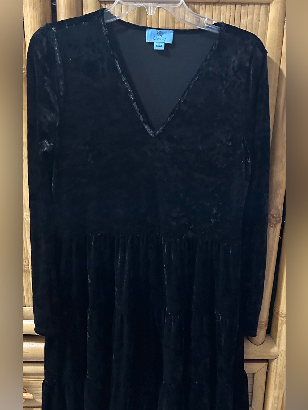 CeCe Crushed Velvet V-Neck Long Sleeve Tiered Babydoll Mini Dress